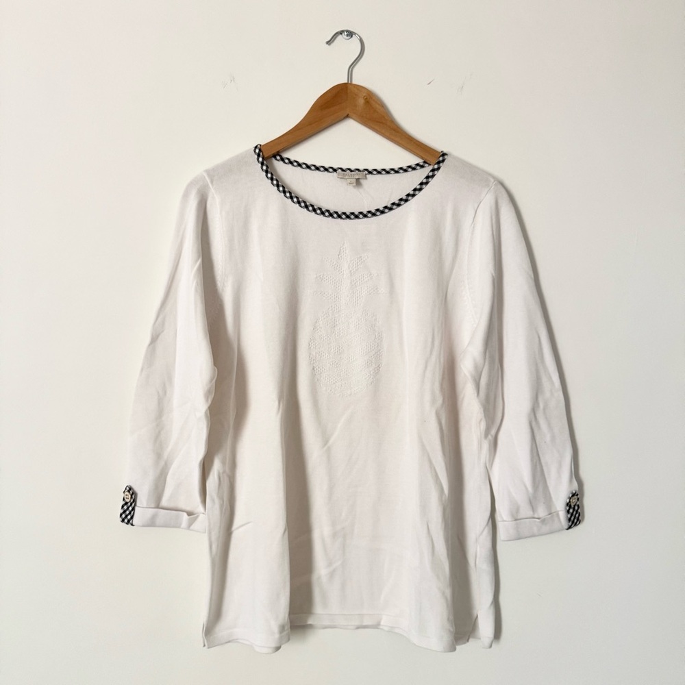 NWT Talbots Outlet Pineapple Textured Sweater 3/4 Sleeve Check Trim White Size L